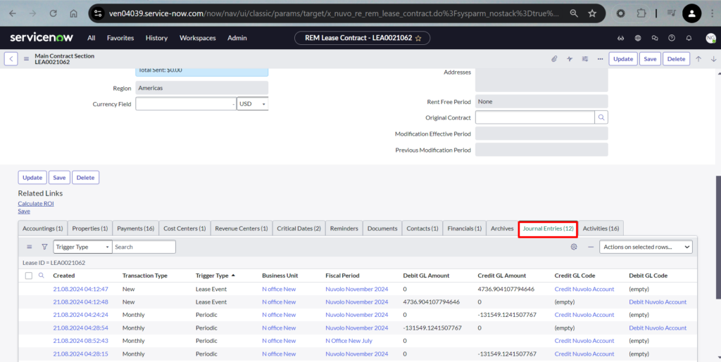 screenshot of new journal entries tab in real estate asset management