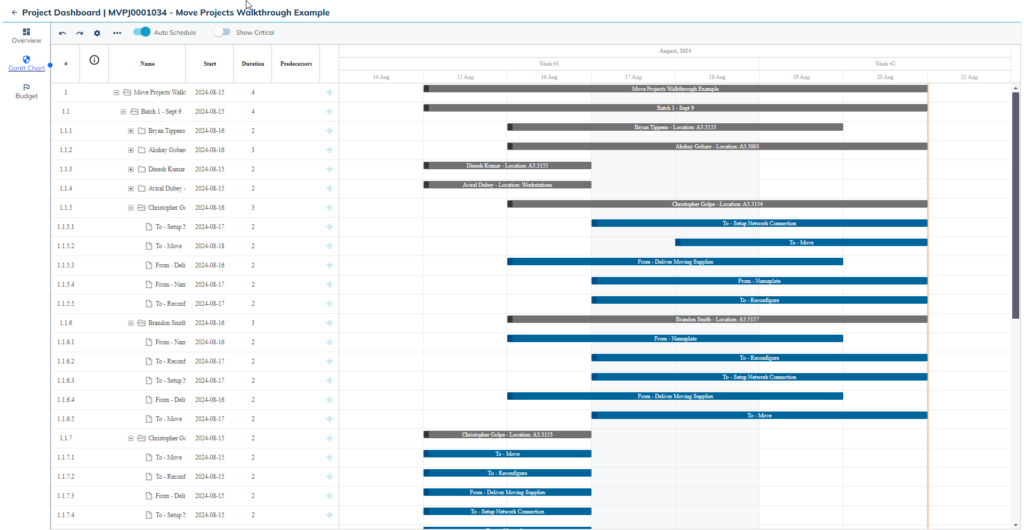 A screenshot of the Move Projects tool in Nuvolo Space showing project tasks in a GANTT chart view.