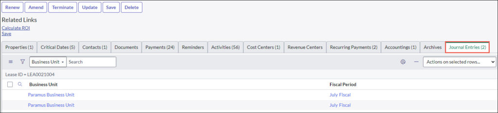 screen shot of journal entries tab in Lease Administration & Accounting