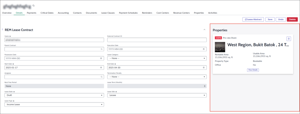 screen shot of lease contract details and associated property