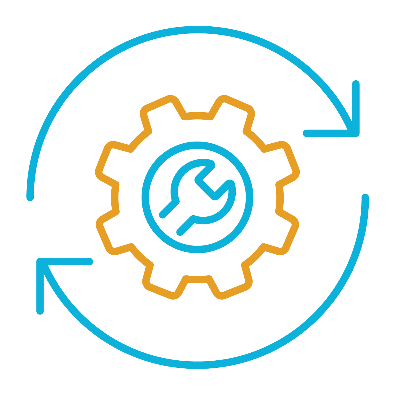 blue and gold icon of a wrench and gear.