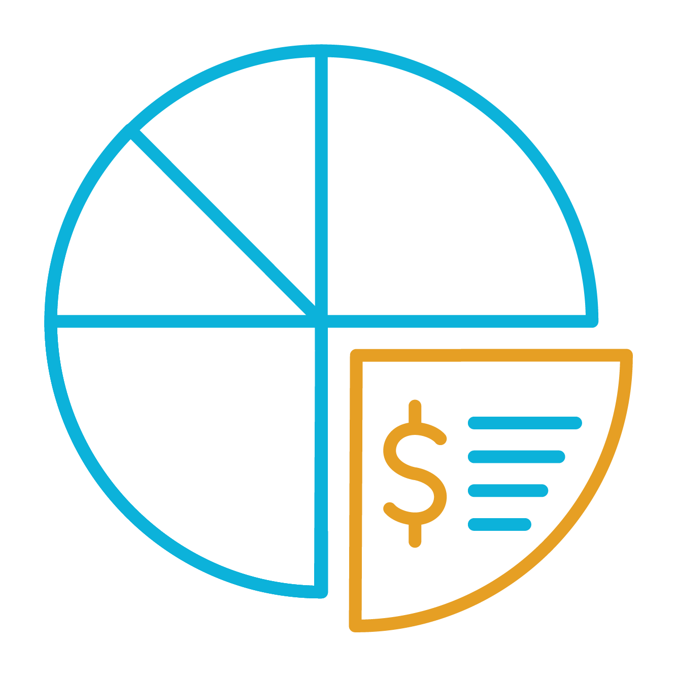 Blue and gold pie chart icon with dollar sign.