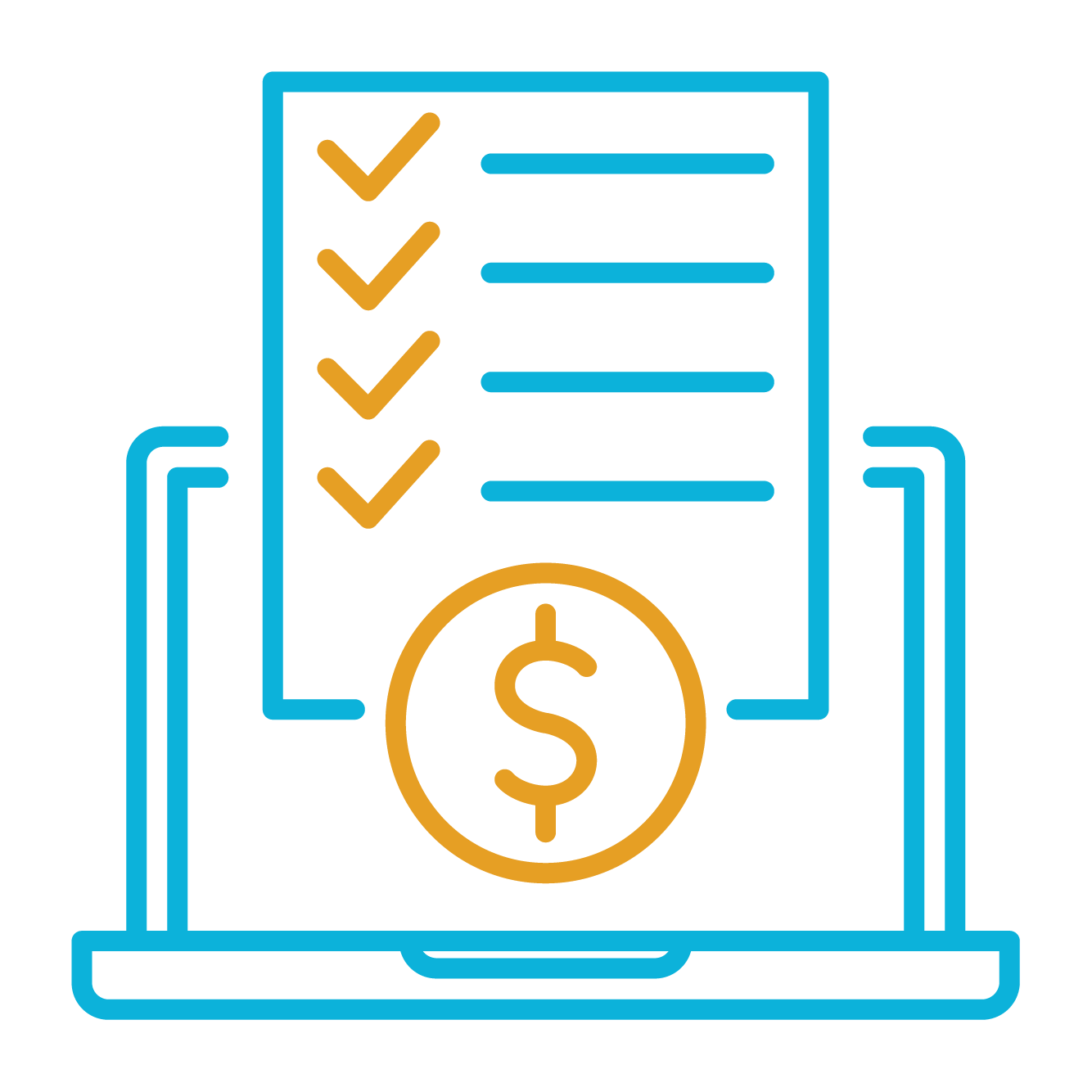 Blue and gold icon of computer with dollar signs and checklist.