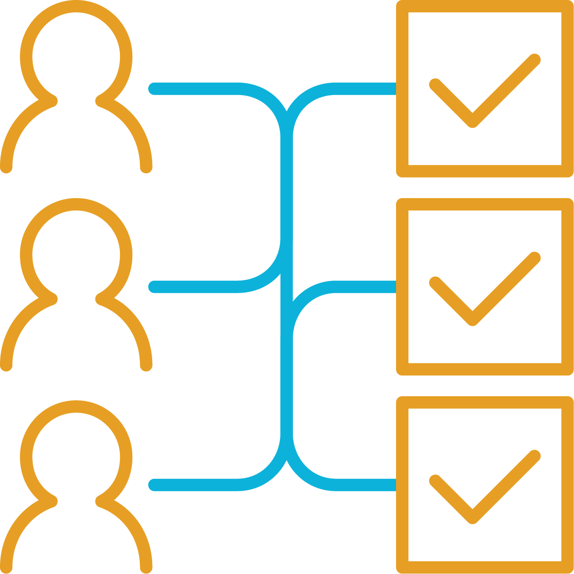 blue and gold people and checks icon