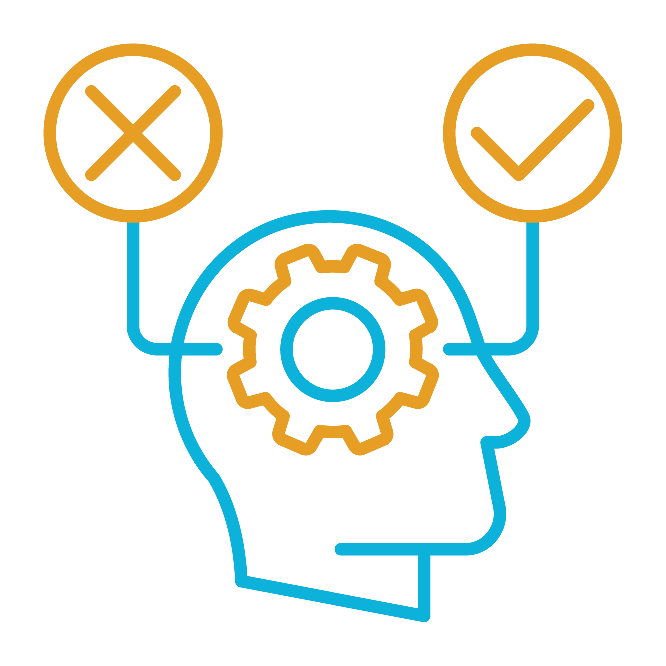 blue and gold icon of face, gears, and checks