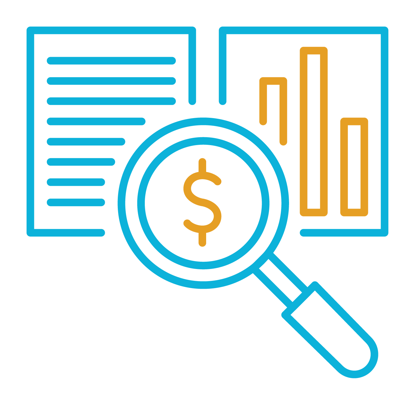 blue and gold icon of magnifying glass and dashboard.