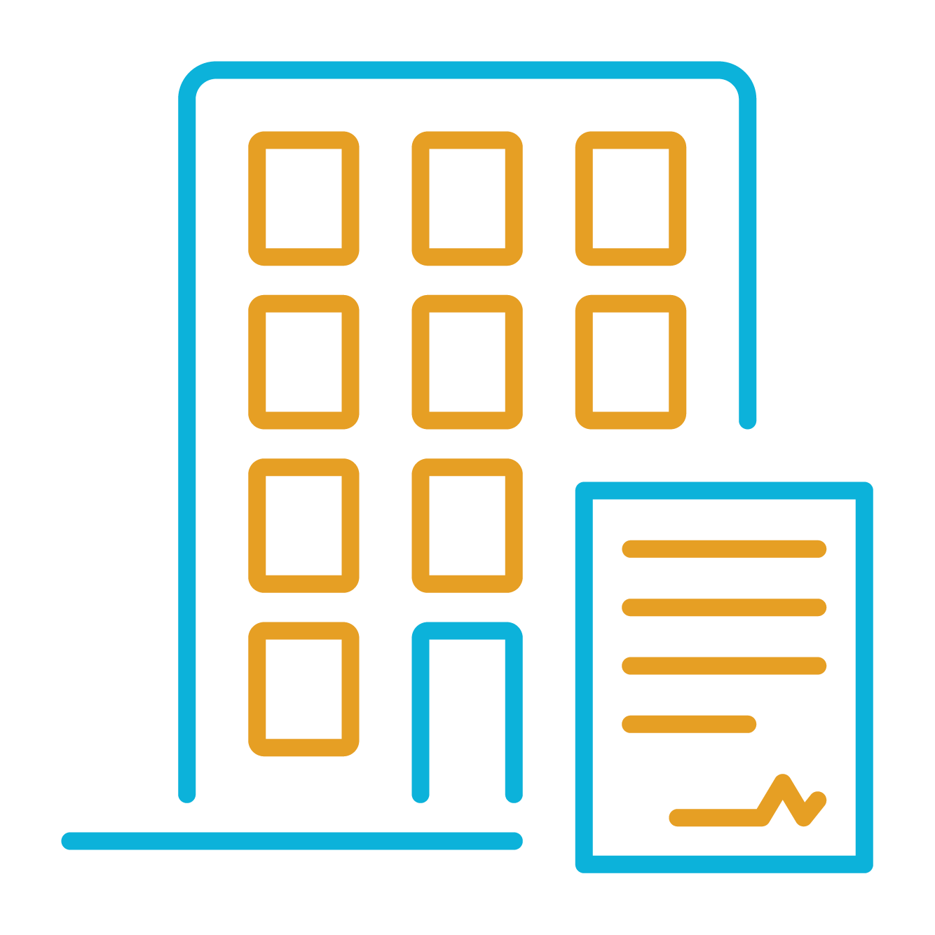 blue and gold building icon with document