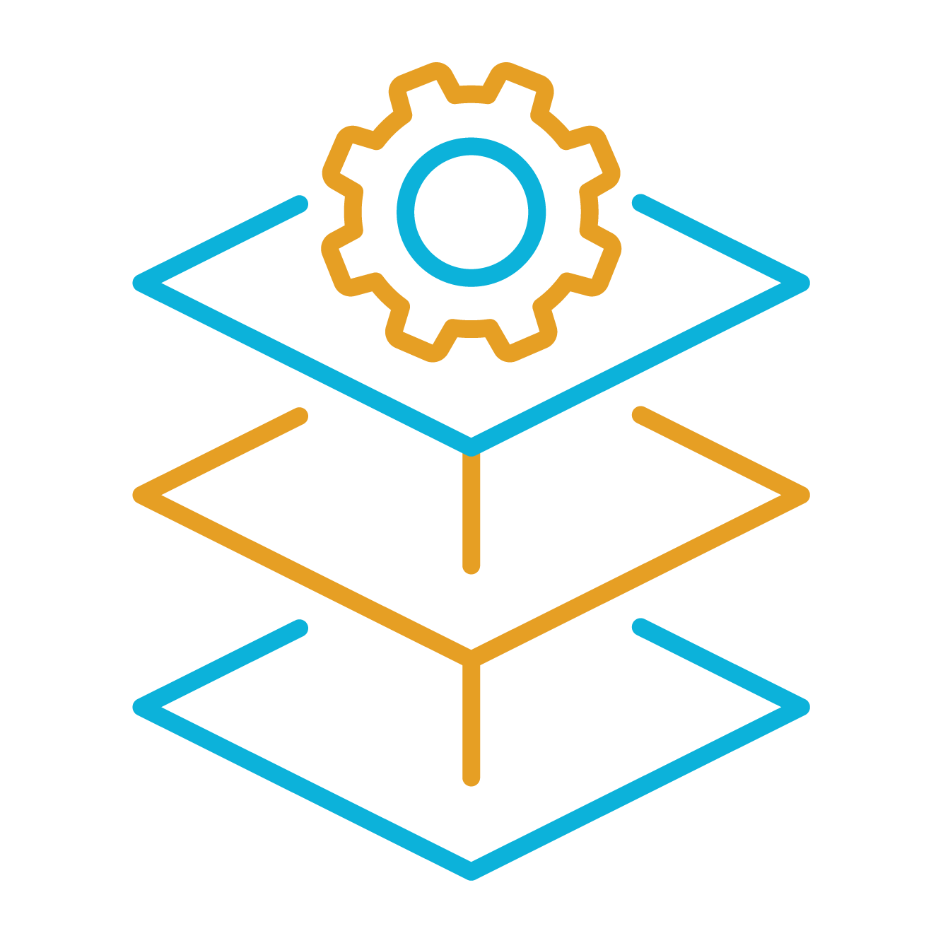blue and gold icon showing a platform with a gear on top.