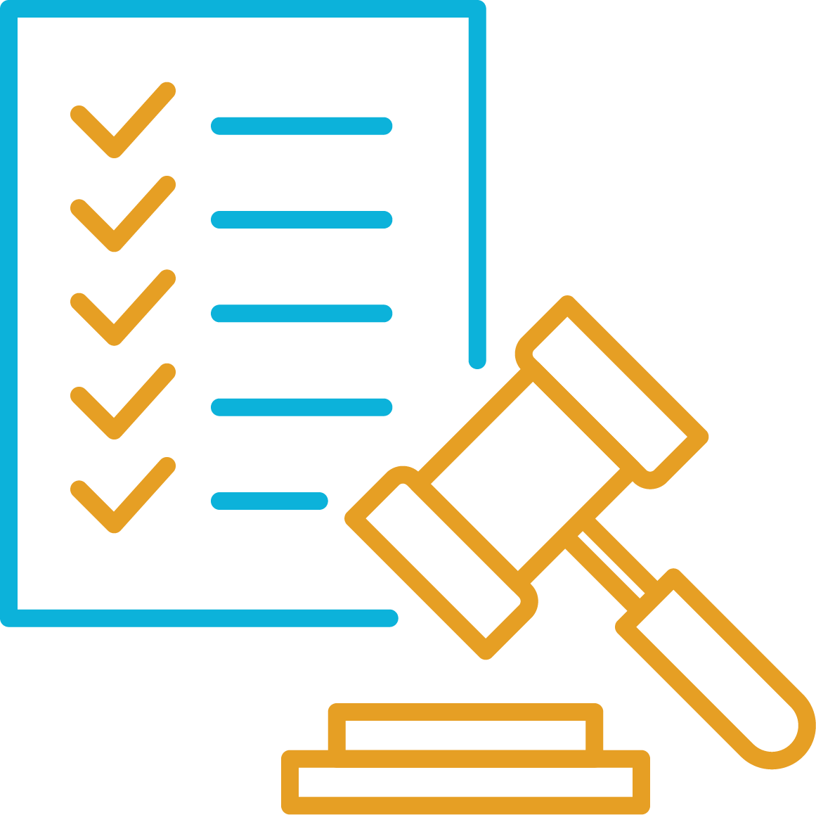 Blue and gold icon of checklist and gavel.