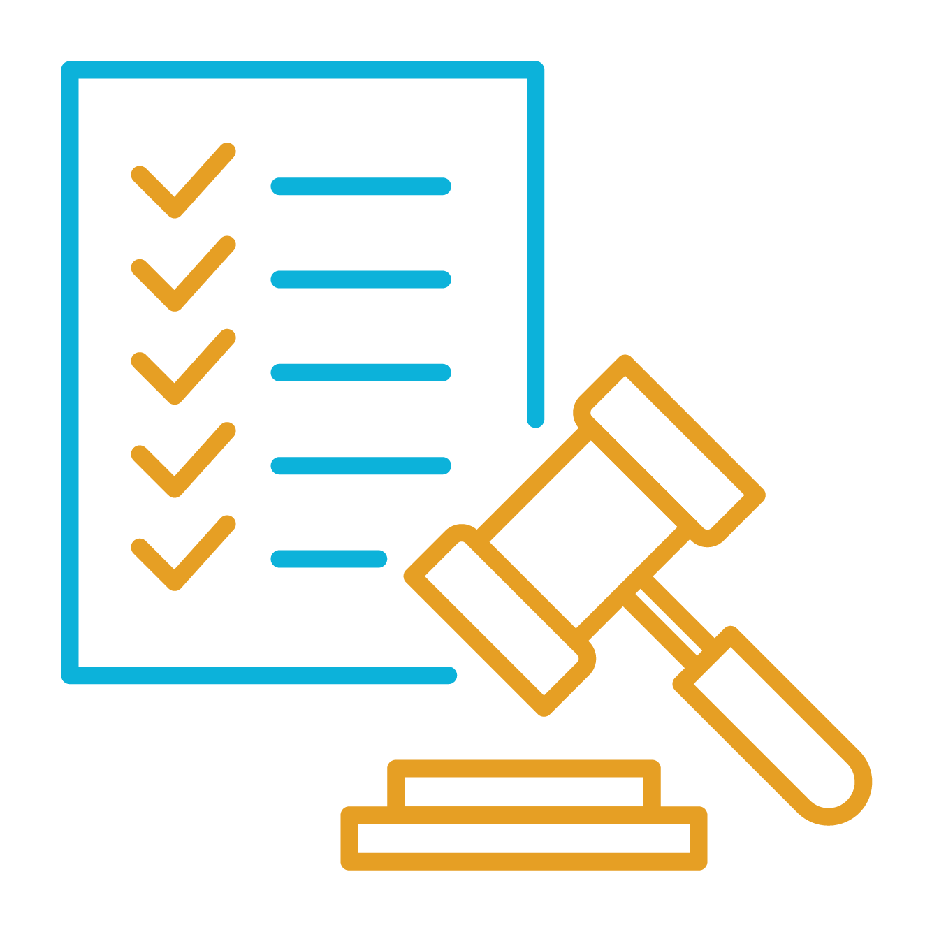 blue and gold icon of checklist and gavel.