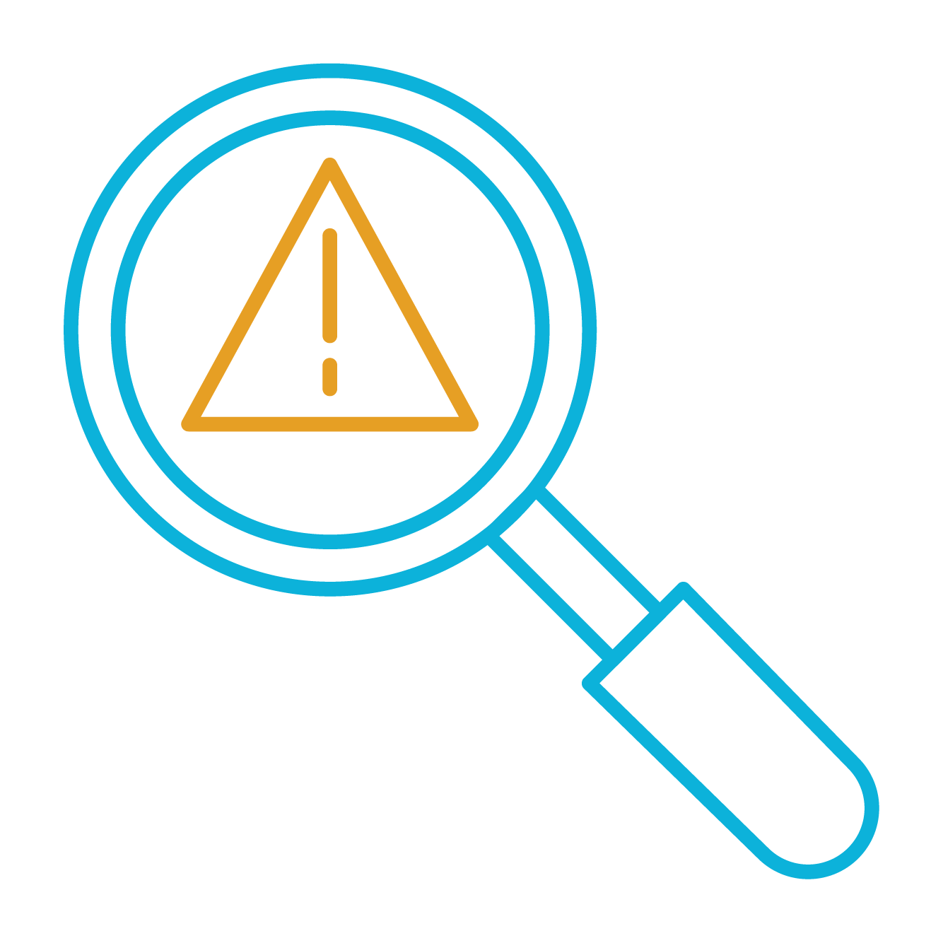 blue and gold magnifying icon with alert