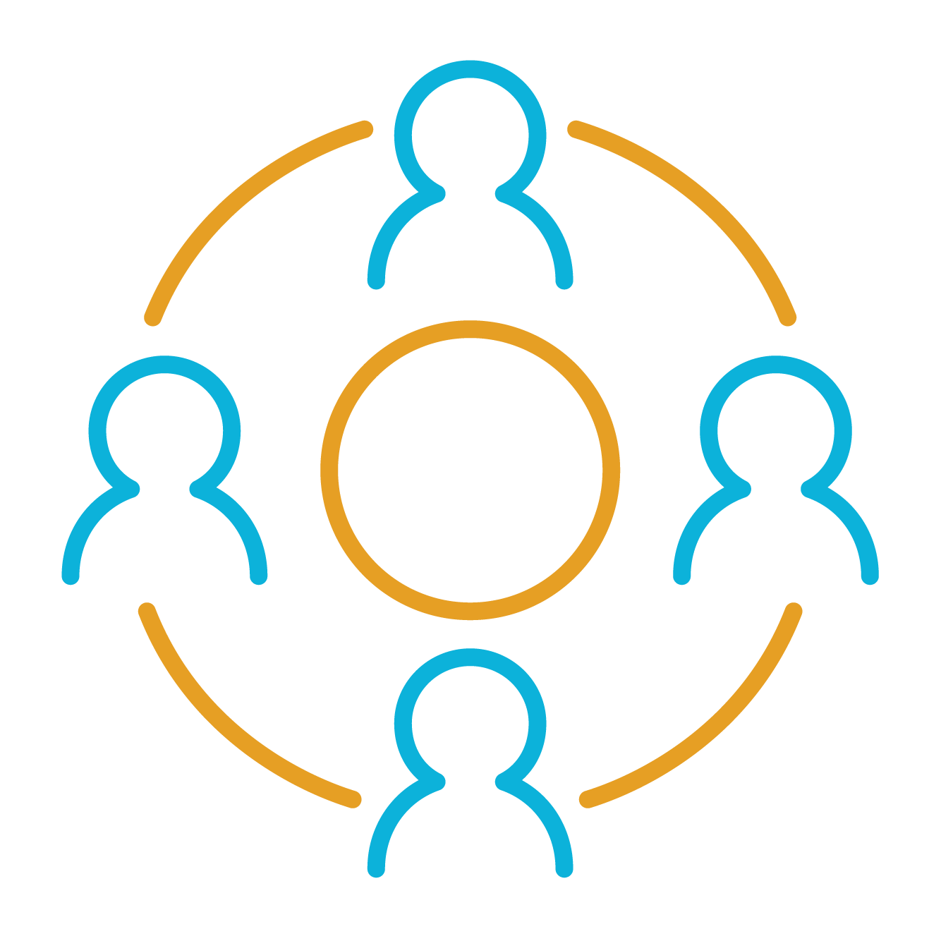 blue and gold icon with four people in circle