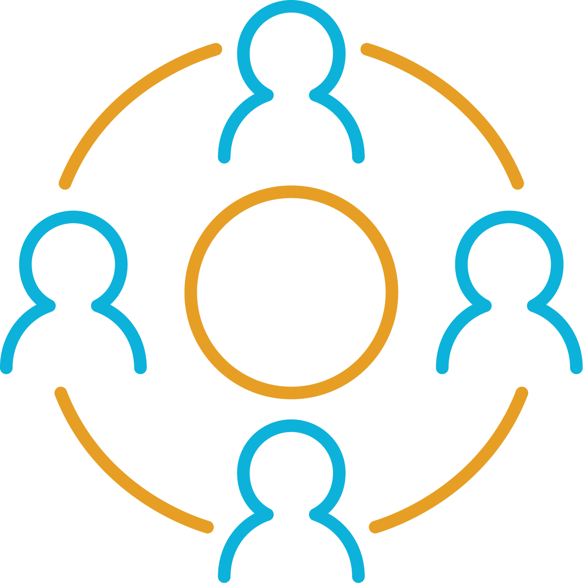 blue and gold icon of people connected with circles.