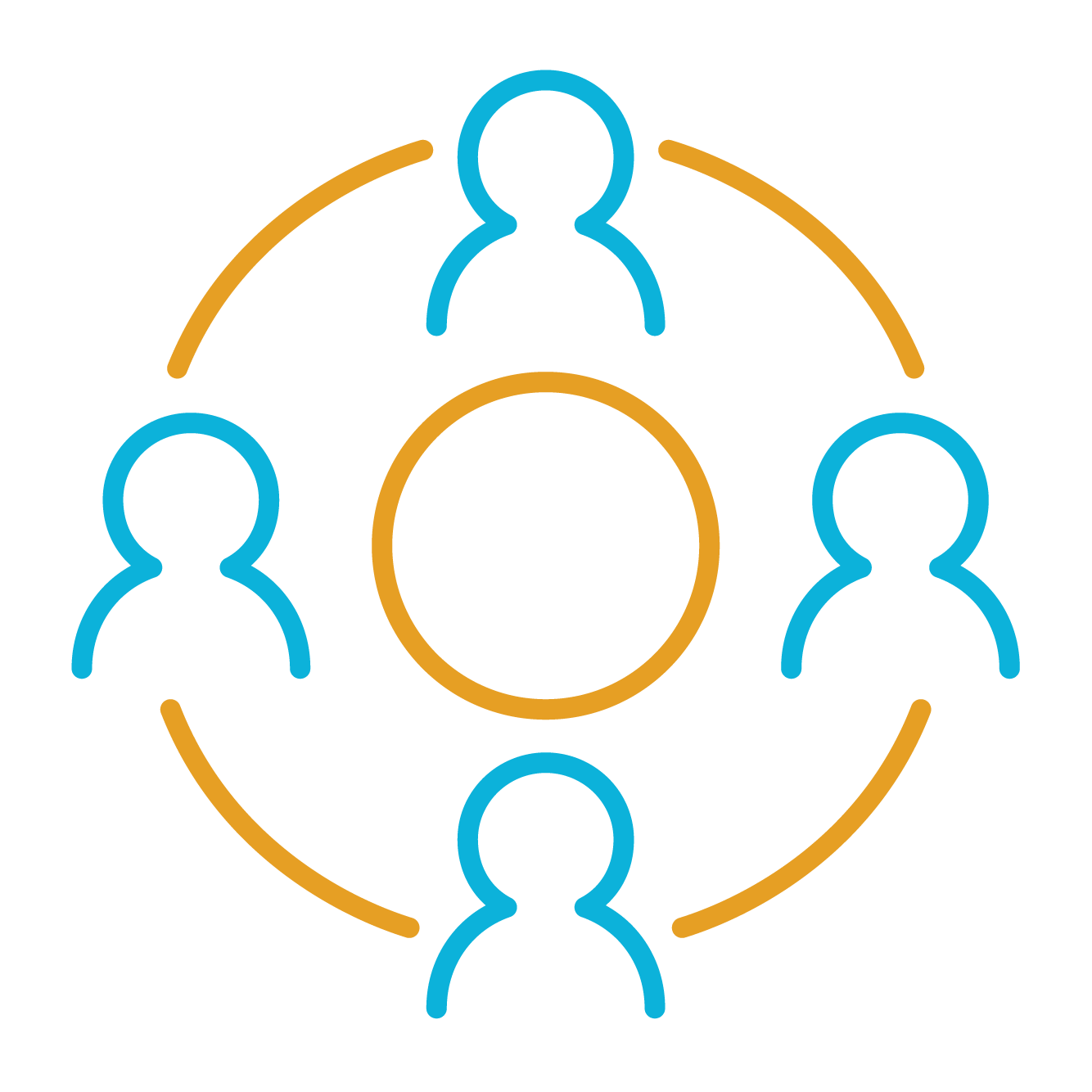 blue and gold icon with people in circle