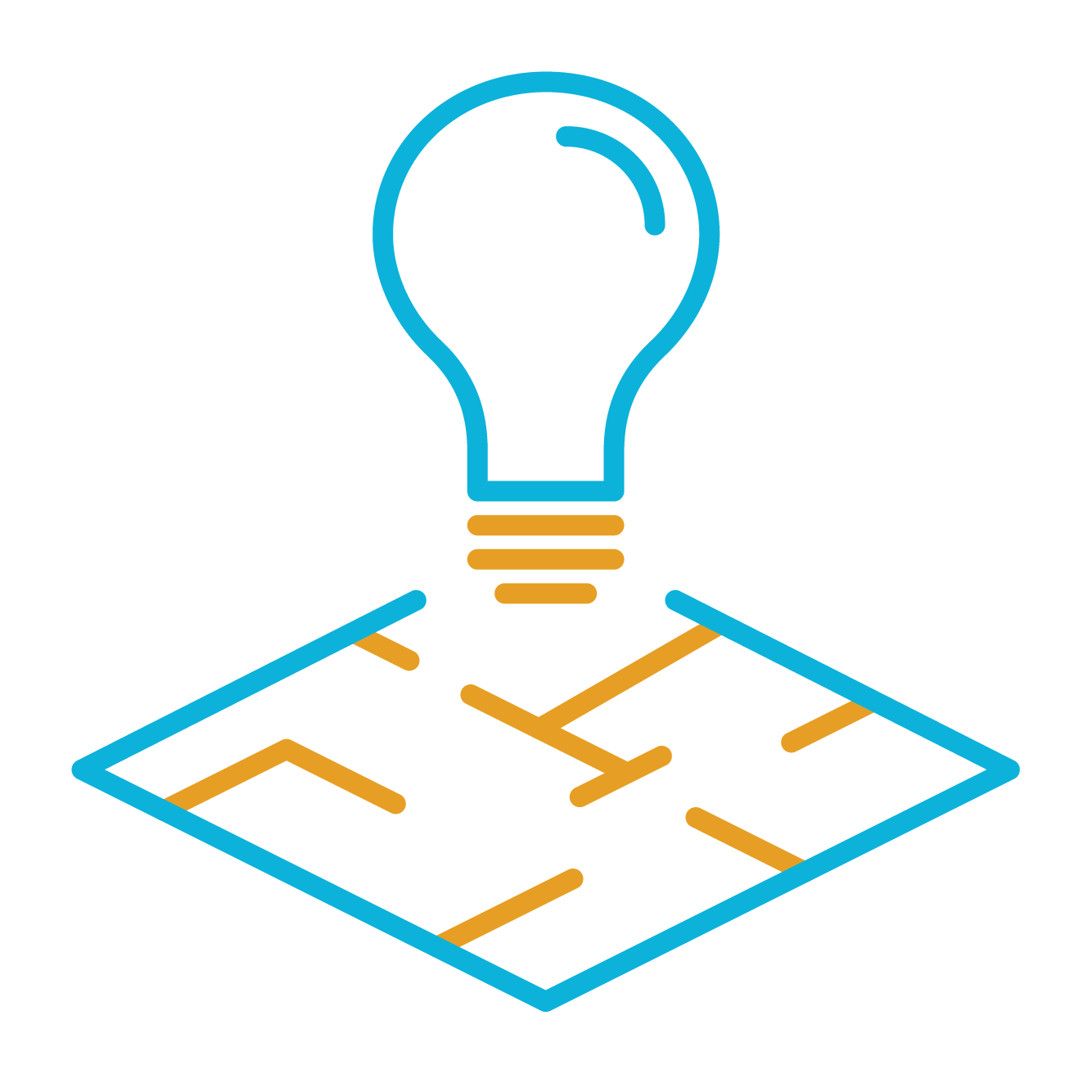 blue and gold icon of a floorplan and lightbulb.
