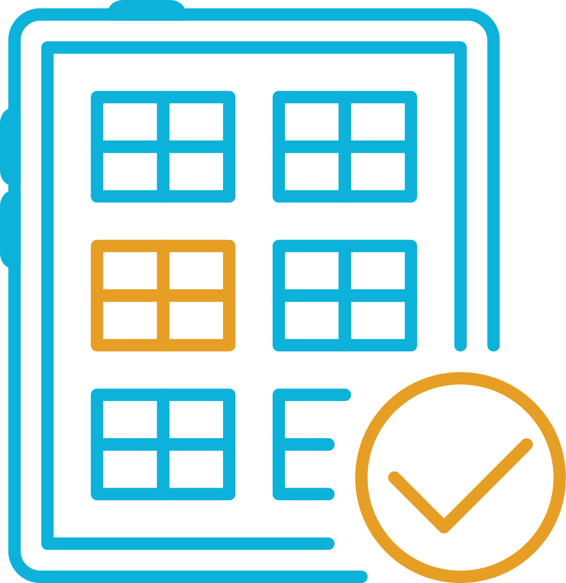 blue and gold icon of tablet with checkmark.