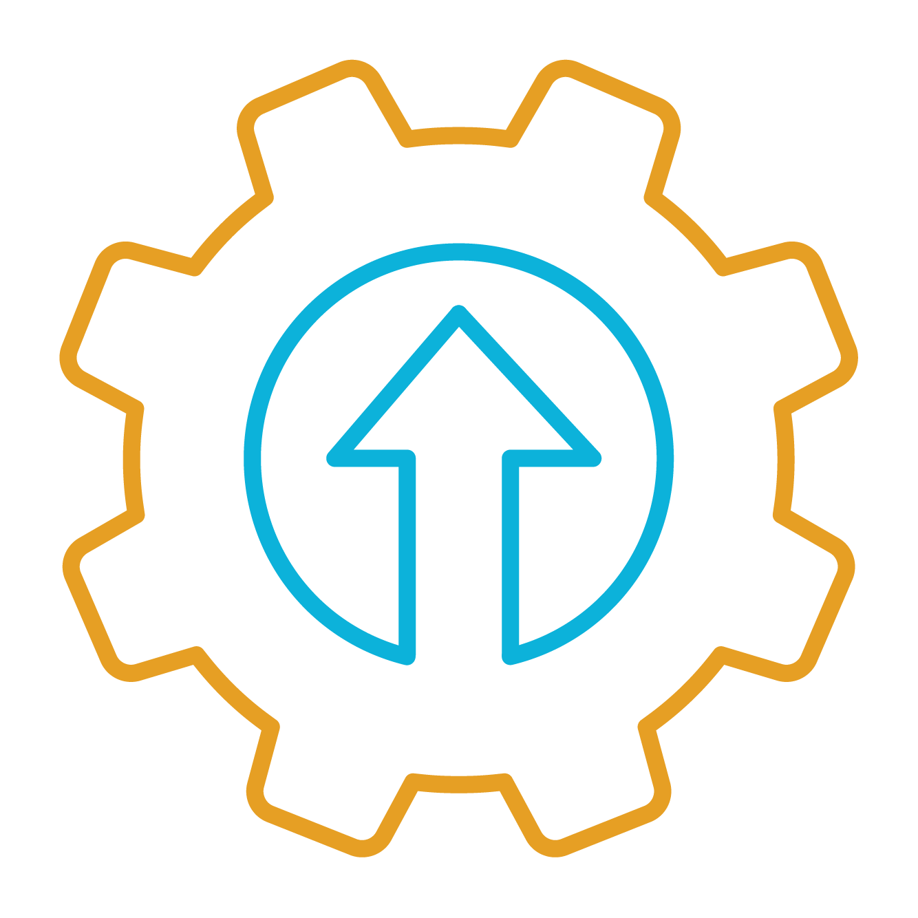 blue and gold icon with arrow and gears.