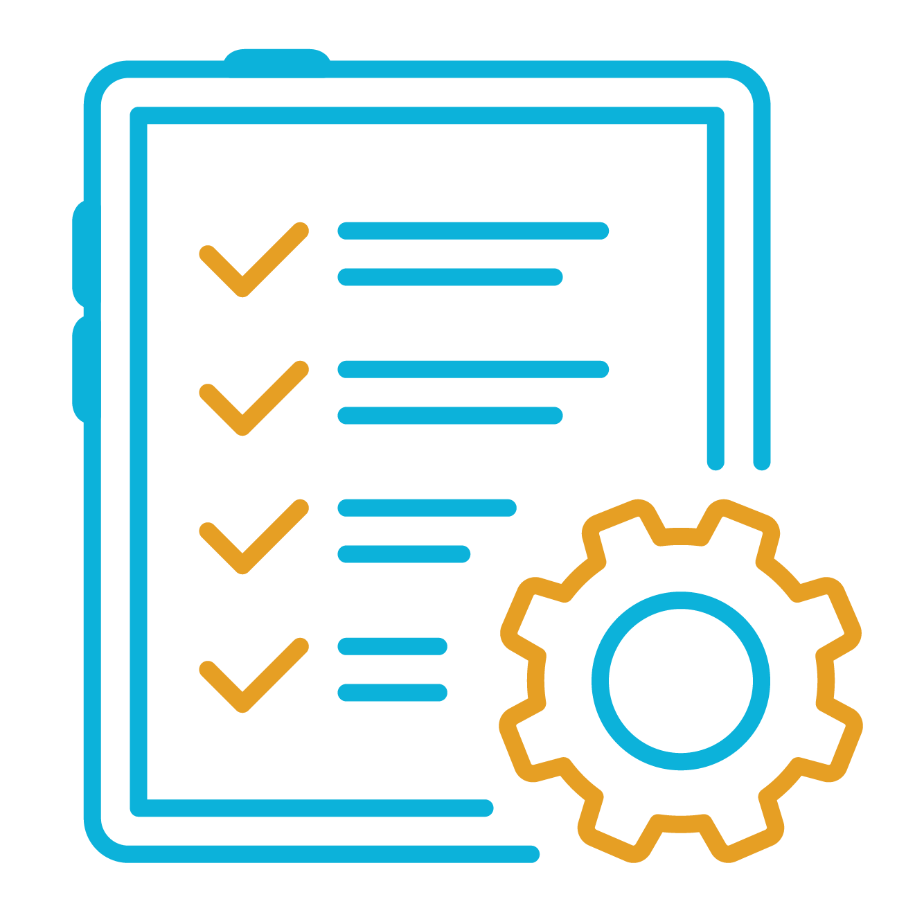 blue and gold icon with checklist and gears