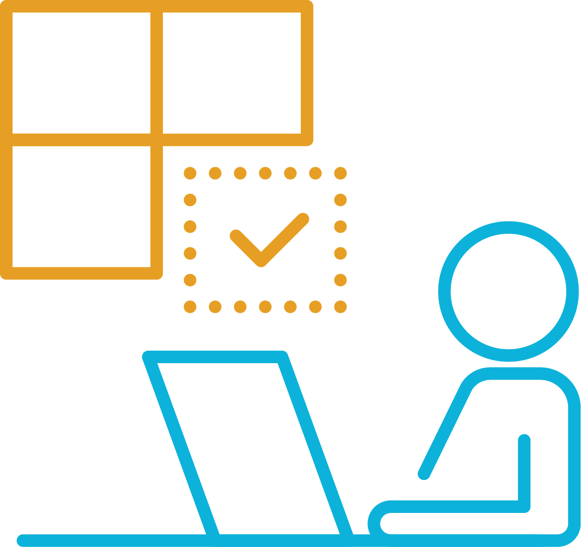 blue and gold person at desk icon with checkboxes.