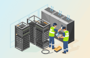 Illustration of technicians servicing data center equipment.