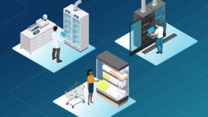 isometric image of people at a lab, refrigerator, and data center