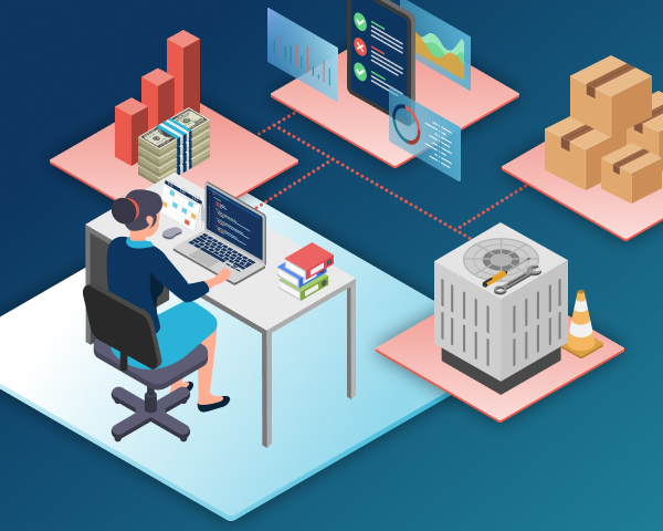 facility manager sitting at desk managing maintenance, capital planning, inventory, and portfolio optimisation