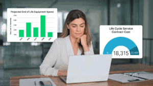 Woman working on laptop with charts for equipment spend and service contract costs.