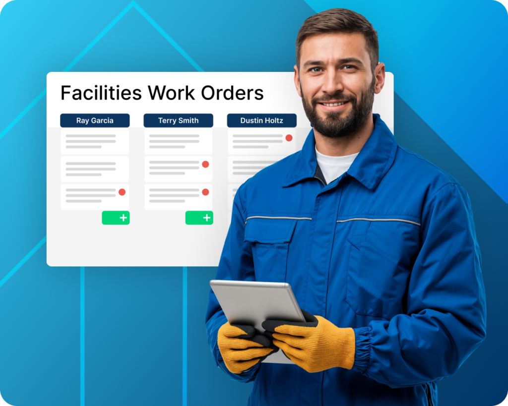 facilities work order software with maintenance technician using it